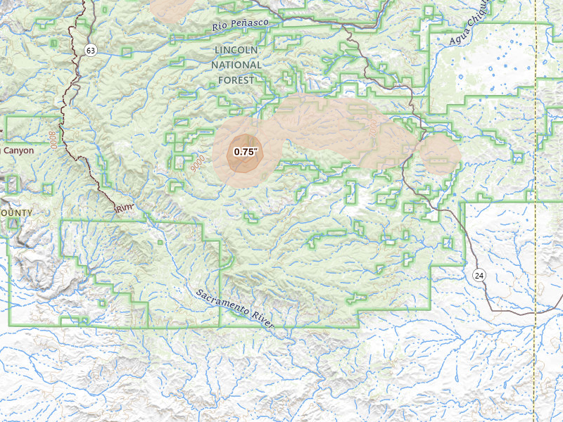 Radar-estimated hail-size map of the storm over Sacramento, NM on Jun 12, 2026