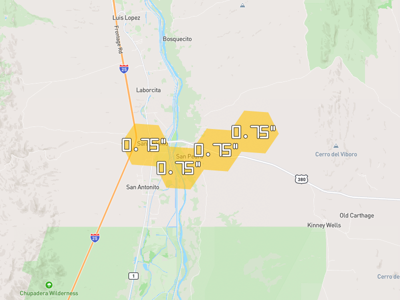 Hail map of San Antonio, NM on Jul 28, 2026, hail up to 0.75"