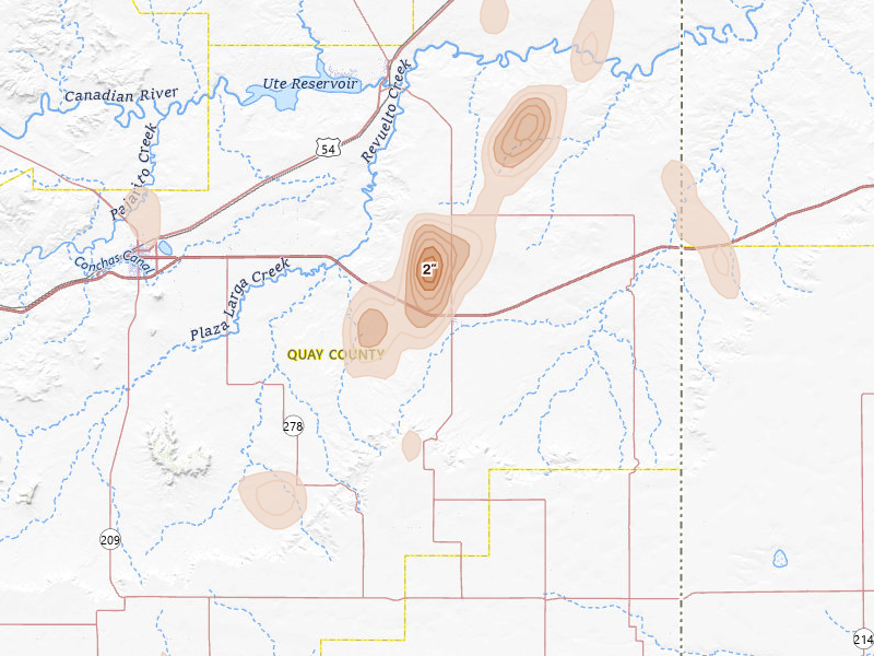 Radar-estimated hail-size map of the storm over San Jon, NM on Aug 1, 2026
