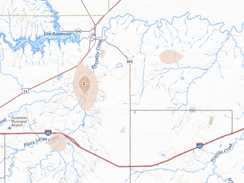Radar-estimated hail-size map of the storm over San Jon, NM on Aug 16, 2026