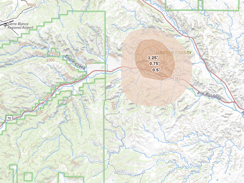 Radar-estimated hail-size map of the storm over San Patricio, NM on Jun 19, 2026