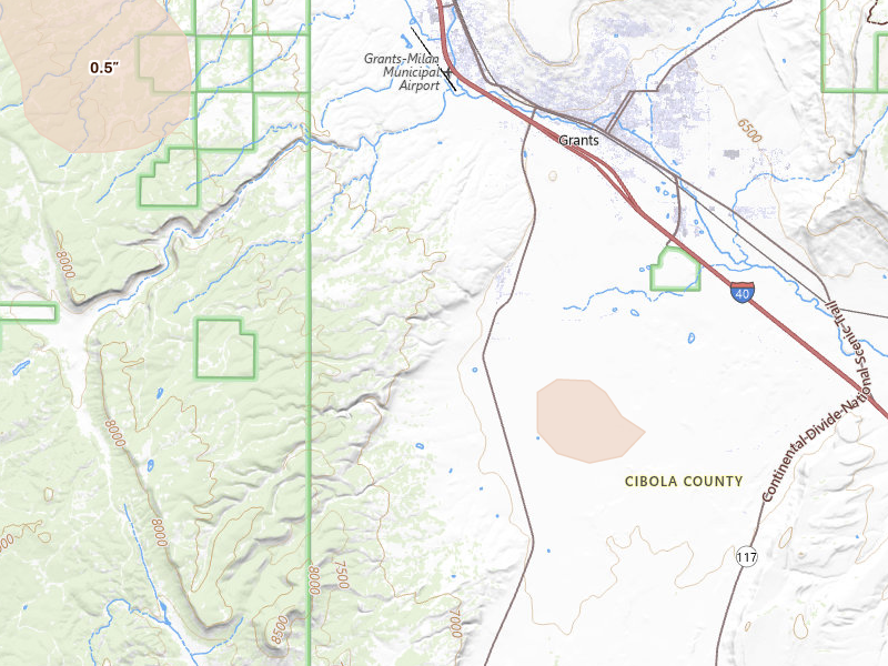 Radar-estimated hail-size map of the storm over San Rafael, NM on Aug 26, 2026
