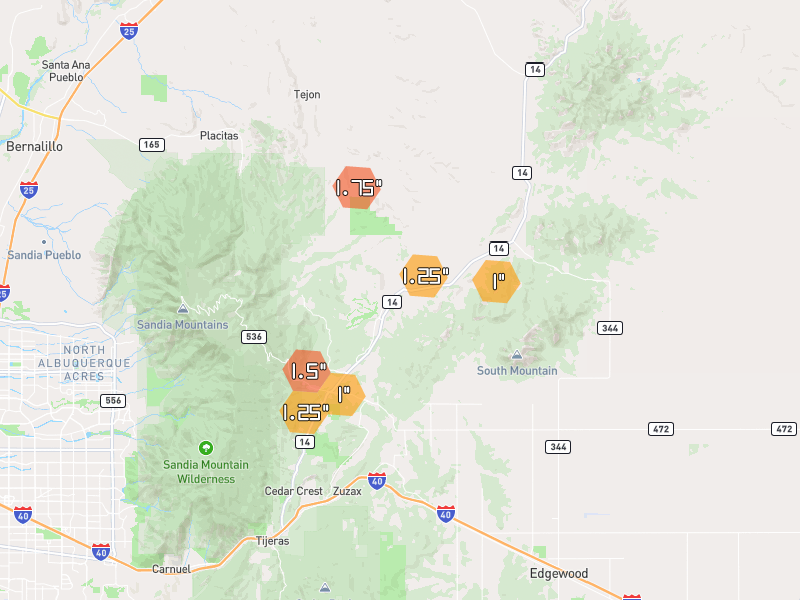 Hail map of Sandia Park, NM on Jul 28, 2026, hail up to 1.75"