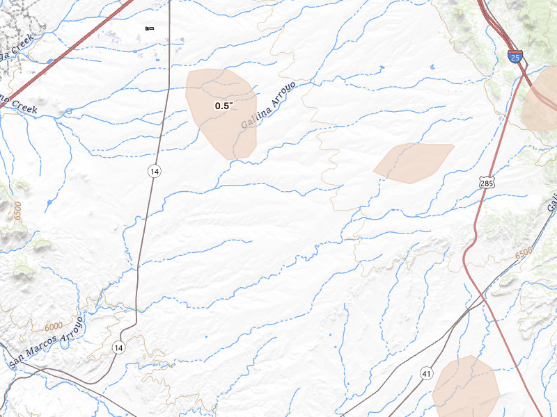 Radar-estimated hail-size map of the storm over Santa Fe, NM on Aug 20, 2026