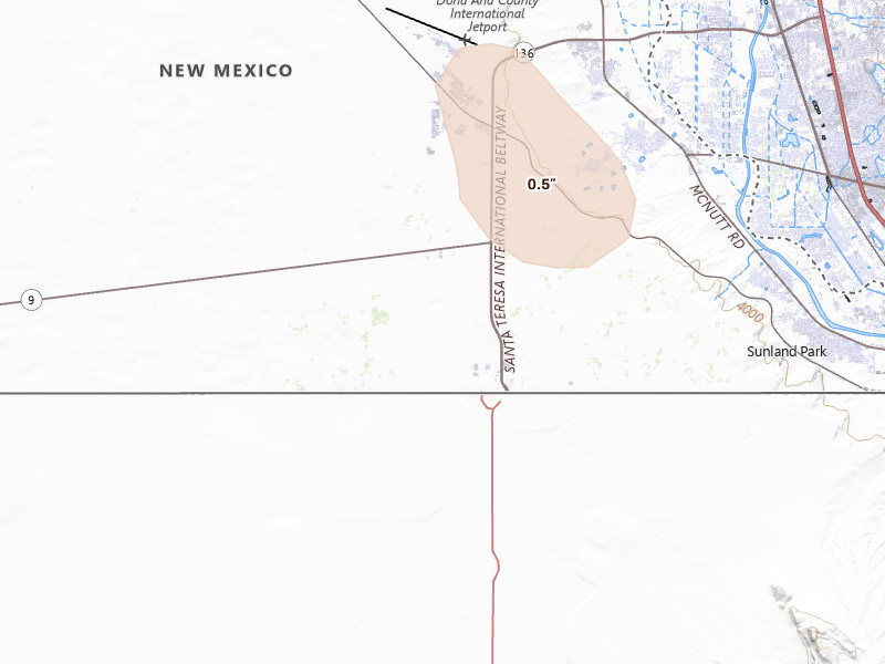 Radar-estimated hail-size map of the storm over Santa Teresa, NM on Jun 14, 2026