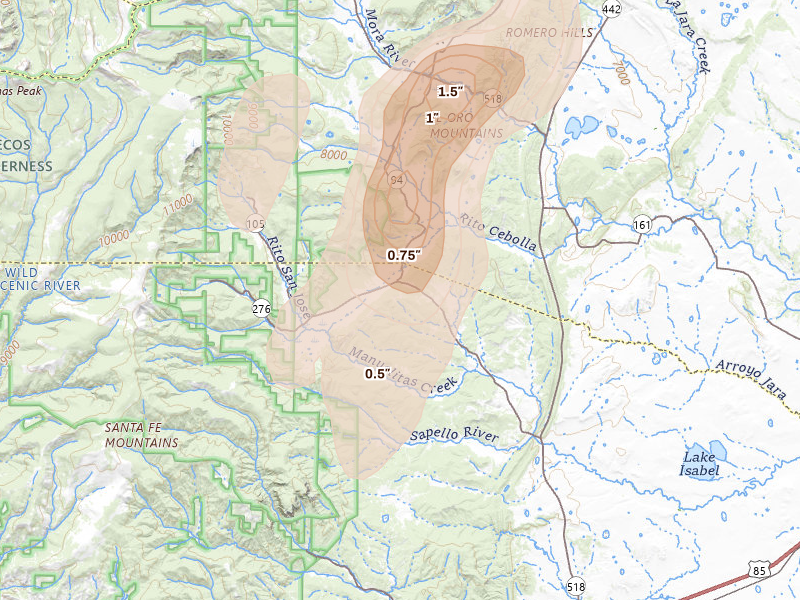 Radar-estimated hail-size map of the storm over Sapello, NM on Aug 1, 2026