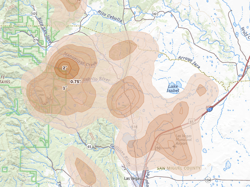 Radar-estimated hail-size map of the storm over Sapello, NM on Aug 19, 2026