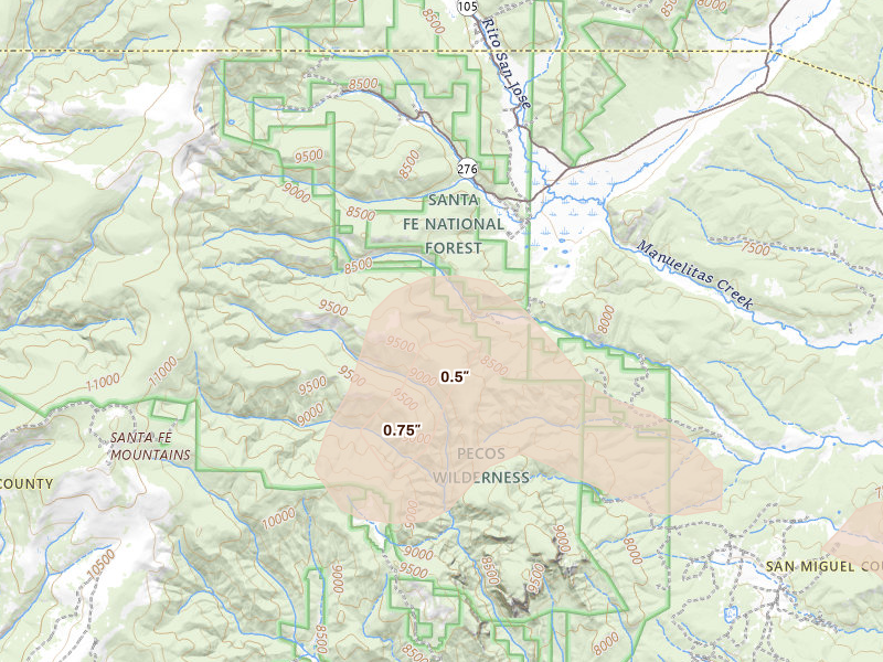 Radar-estimated hail-size map of the storm over Sapello, NM on Aug 25, 2026