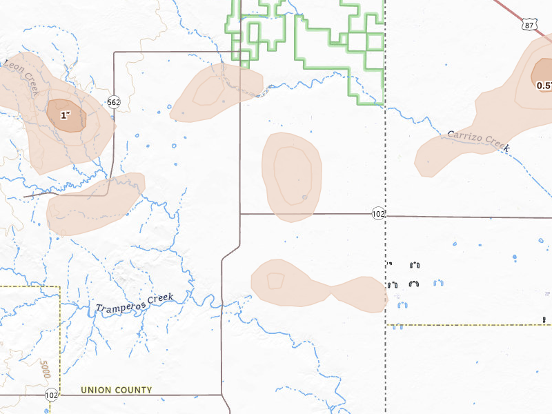 Radar-estimated hail-size map of the storm over Sedan, NM on Aug 7, 2026
