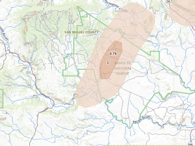 Radar-estimated hail-size map of the storm over Serafina, NM on Apr 11, 2026