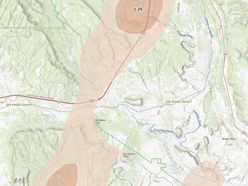 Radar-estimated hail-size map of the storm over Serafina, NM on Sep 25, 2026