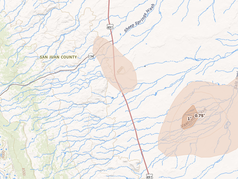 Radar-estimated hail-size map of the storm over Sheep Springs, NM on Jul 19, 2026