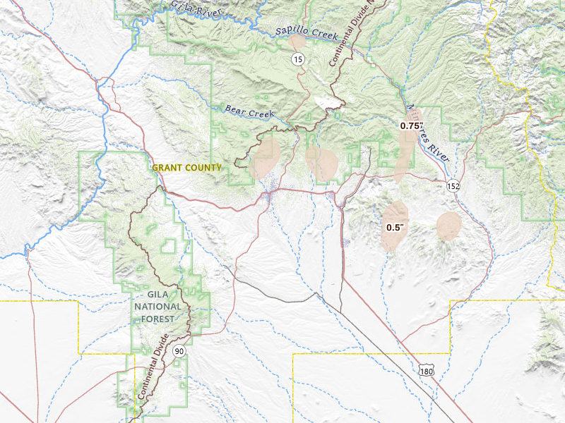 Radar-estimated hail-size map of the storm over Silver City, NM on Jun 5, 2026
