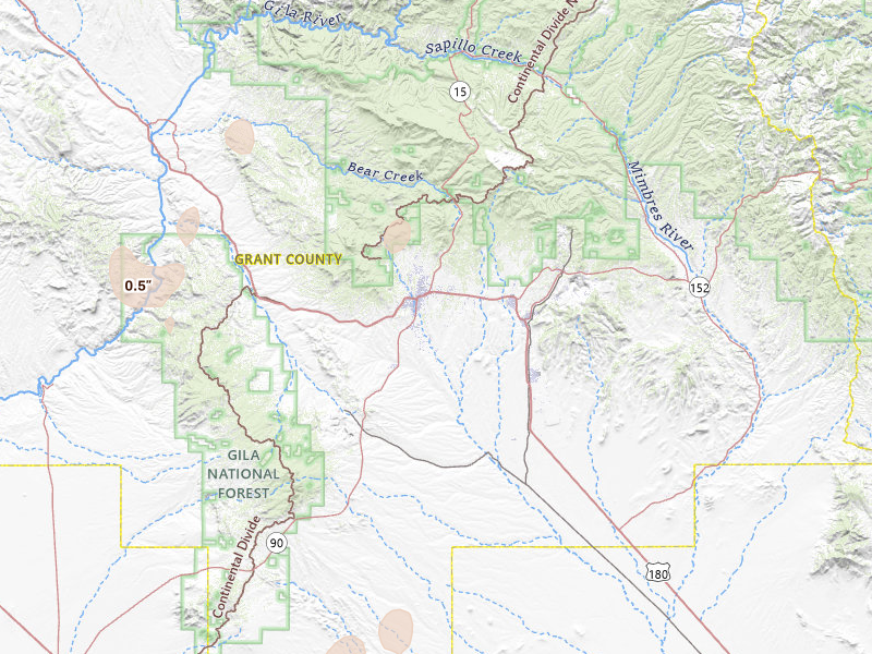 Radar-estimated hail-size map of the storm over Silver City, NM on Jul 10, 2026