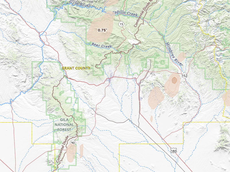 Radar-estimated hail-size map of the storm over Silver City, NM on Jul 20, 2026