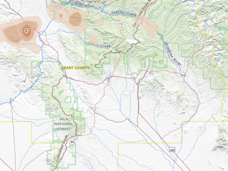 Radar-estimated hail-size map of the storm over Silver City, NM on Jul 28, 2026