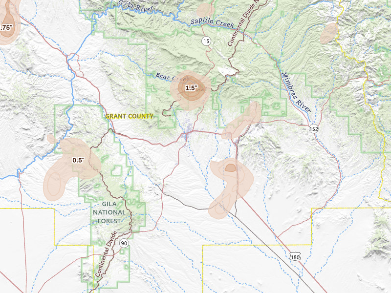 Radar-estimated hail-size map of the storm over Silver City, NM on Aug 3, 2026