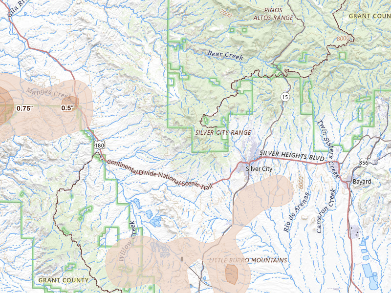 Radar-estimated hail-size map of the storm over Silver City, NM on Aug 4, 2026