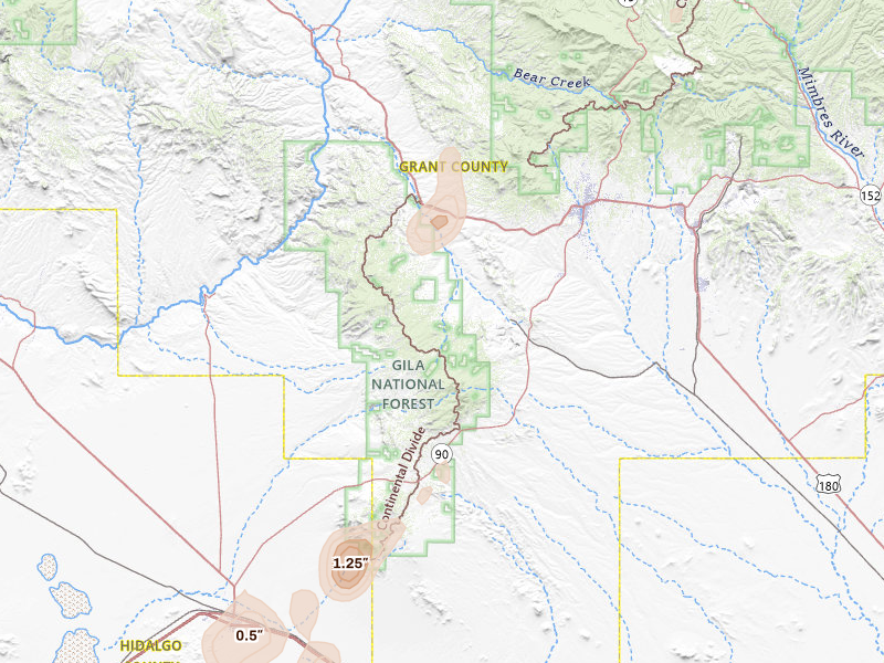 Radar-estimated hail-size map of the storm over Silver City, NM on Aug 5, 2026