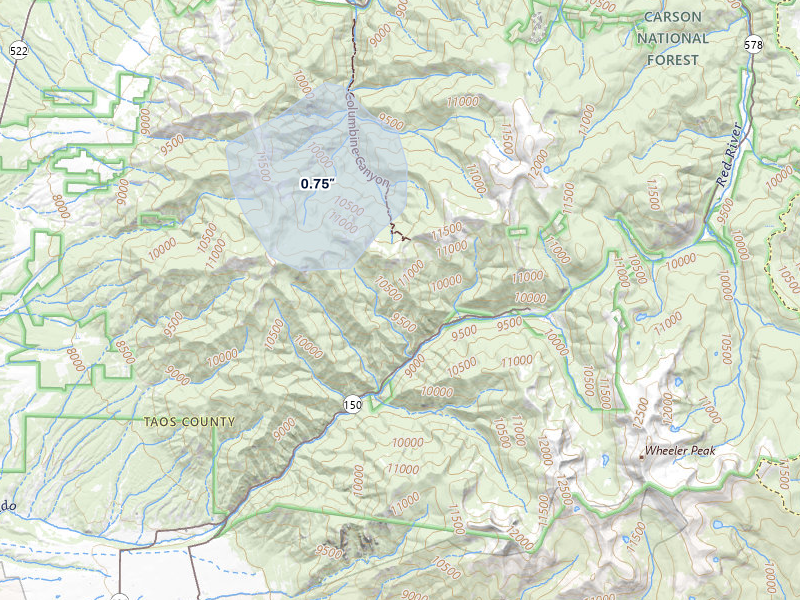 NEXRAD radar-signature map of the hail storm over Taos Ski Valley, NM on Jul 23, 2026