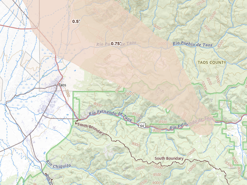 Radar-estimated hail-size map of the storm over Taos, NM on Jun 15, 2026