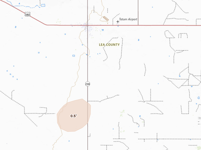 Radar-estimated hail-size map of the storm over Tatum, NM on Jun 11, 2026