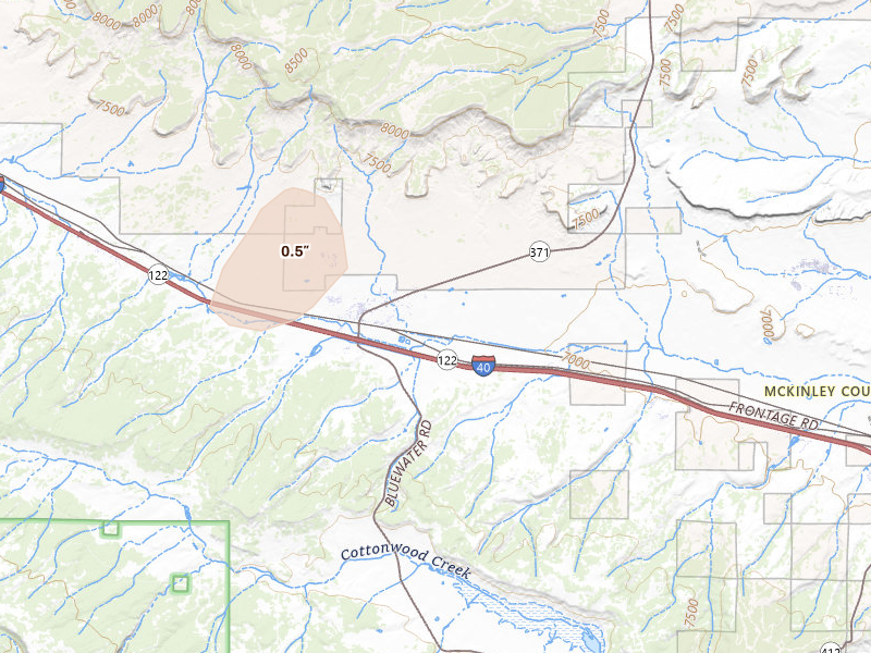Radar-estimated hail-size map of the storm over Thoreau, NM on Jul 28, 2026