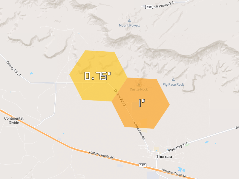 Hail map of Thoreau, NM on Jul 28, 2026, hail up to 1"