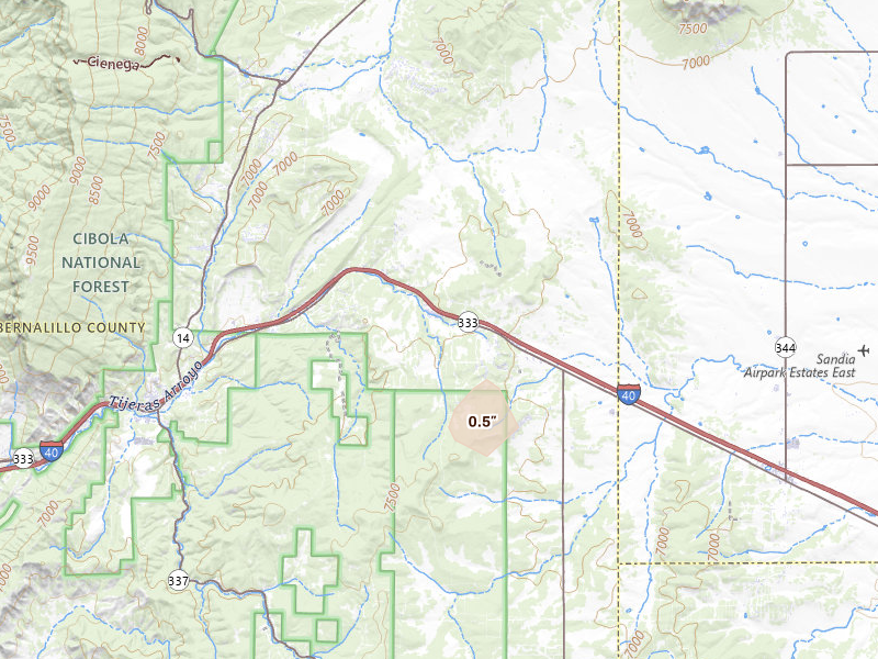 Radar-estimated hail-size map of the storm over Tijeras, NM on Jun 3, 2026