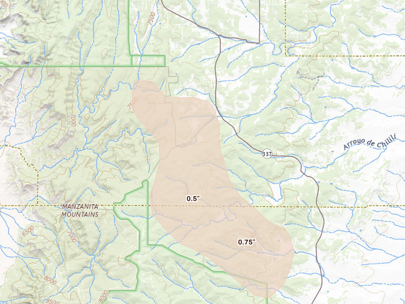 Radar-estimated hail-size map of the storm over Tijeras, NM on Aug 31, 2026