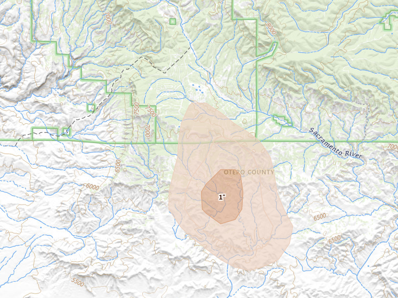 Radar-estimated hail-size map of the storm over Timberon, NM on Aug 7, 2026