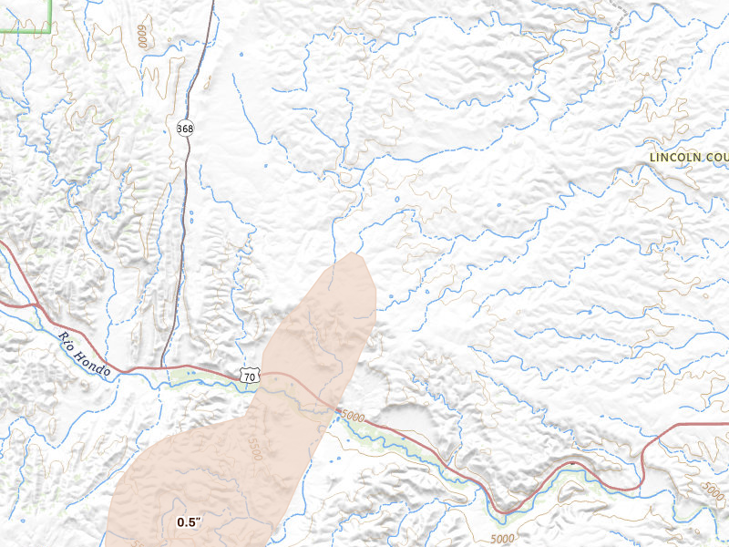 Radar-estimated hail-size map of the storm over Tinnie, NM on May 28, 2026