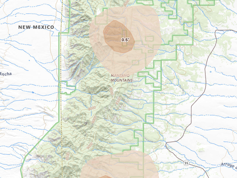 Radar-estimated hail-size map of the storm over Torreon, NM on Jun 18, 2026