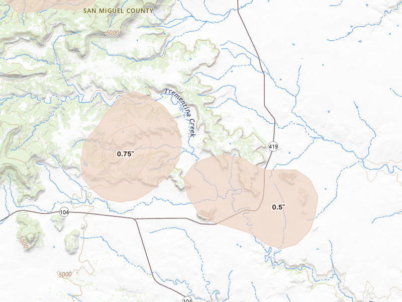 Radar-estimated hail-size map of the storm over Trementina, NM on Aug 25, 2026