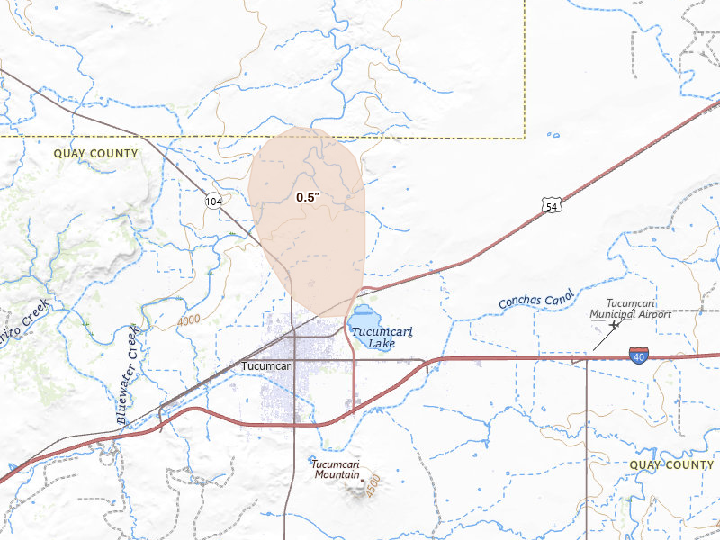 Radar-estimated hail-size map of the storm over Tucumcari, NM on Aug 1, 2026