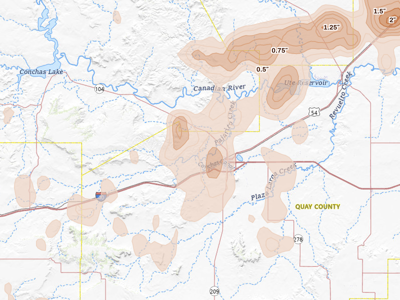 Radar-estimated hail-size map of the storm over Tucumcari, NM on Aug 7, 2026