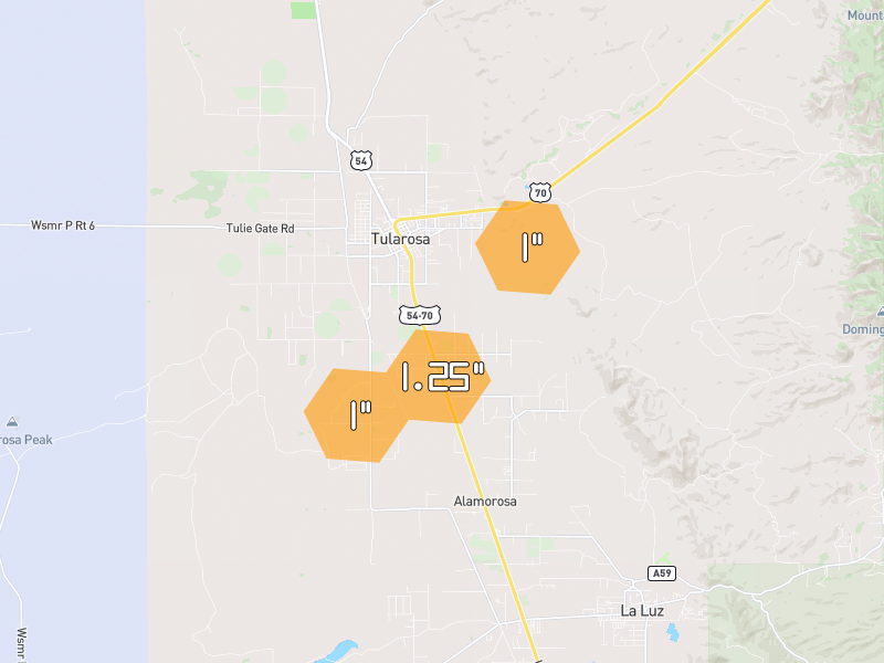 Hail map of Tularosa, NM on Jun 2, 2026, hail up to 1.25"