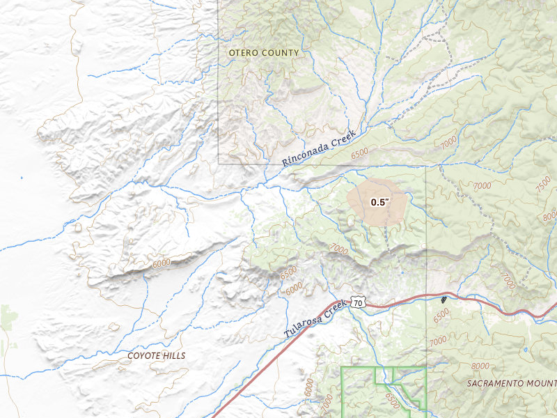 Radar-estimated hail-size map of the storm over Tularosa, NM on Jun 14, 2026