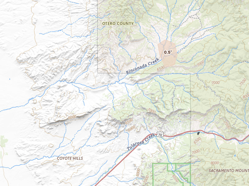 Radar-estimated hail-size map of the storm over Tularosa, NM on Jul 10, 2026