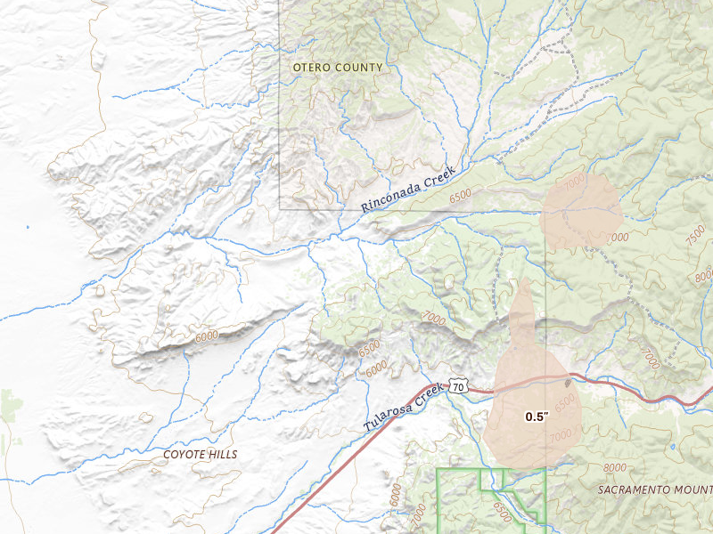 Radar-estimated hail-size map of the storm over Tularosa, NM on Jul 25, 2026