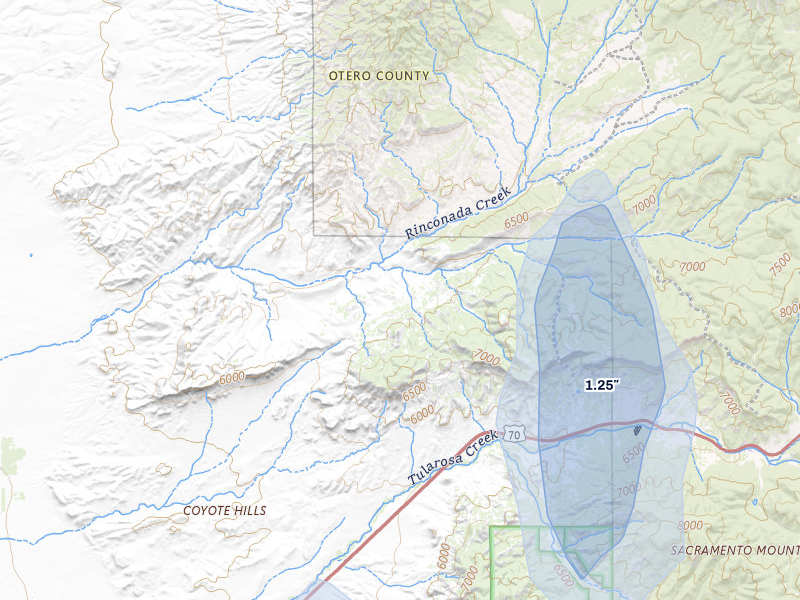 NEXRAD radar-signature map of the hail storm over Tularosa, NM on Jul 25, 2026