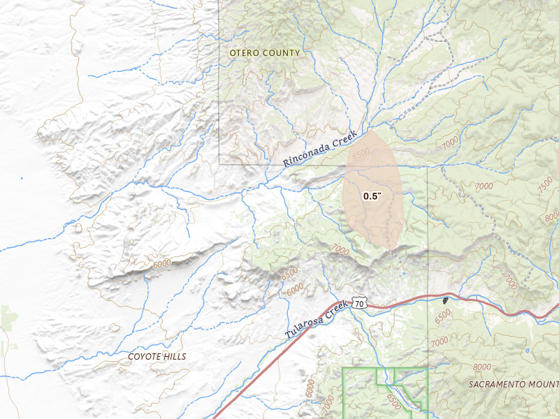 Radar-estimated hail-size map of the storm over Tularosa, NM on Aug 1, 2026