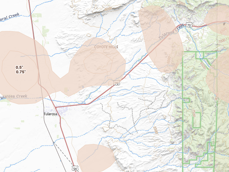Radar-estimated hail-size map of the storm over Tularosa, NM on Aug 7, 2026