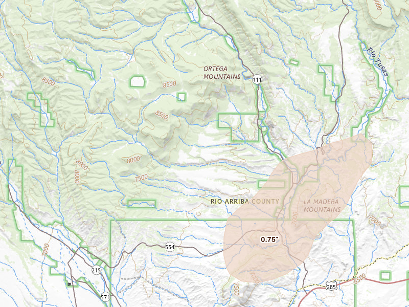 Radar-estimated hail-size map of the storm over Vallecitos, NM on Apr 11, 2026