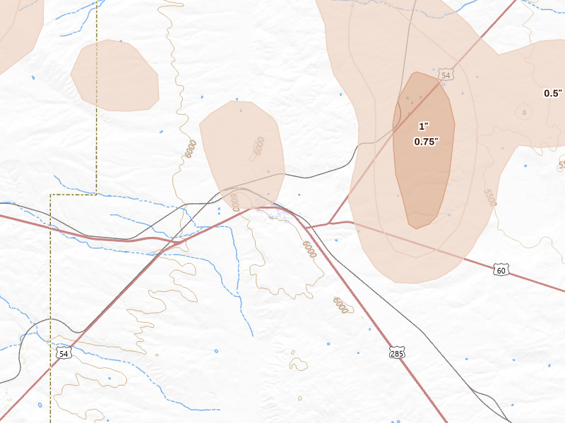 Radar-estimated hail-size map of the storm over Vaughn, NM on Jun 19, 2026