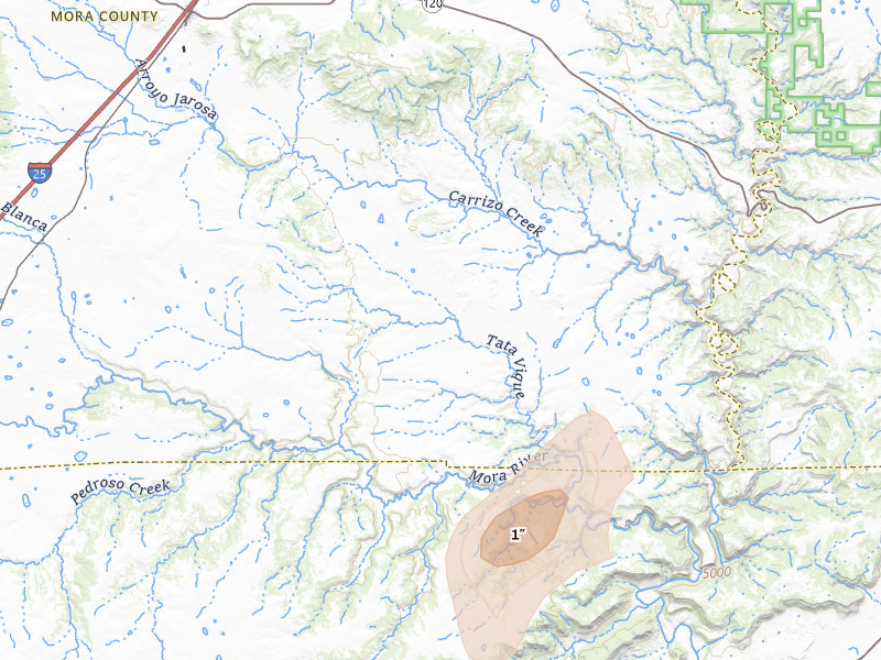 Radar-estimated hail-size map of the storm over Wagon Mound, NM on Jun 5, 2026