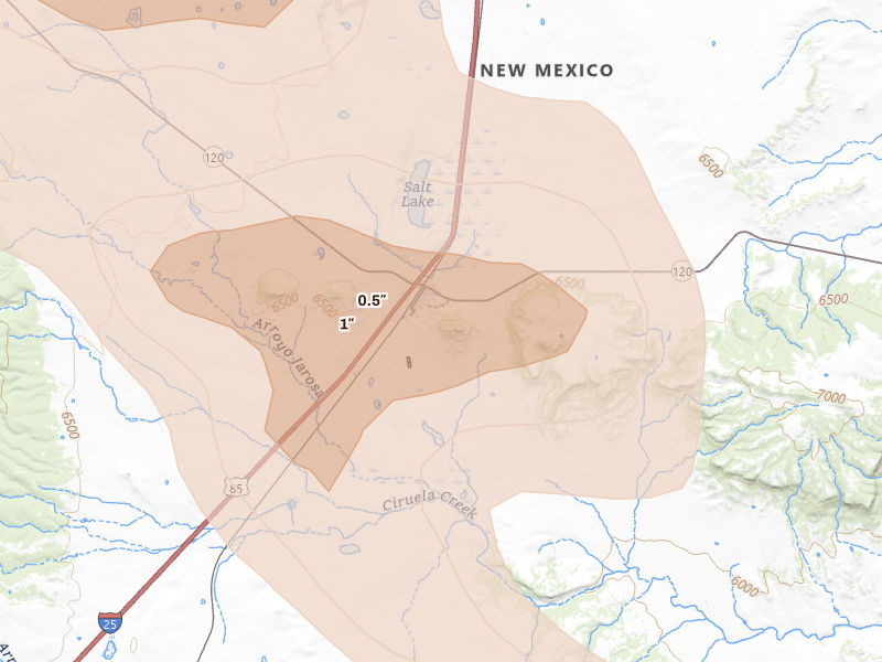 Radar-estimated hail-size map of the storm over Wagon Mound, NM on Aug 5, 2026