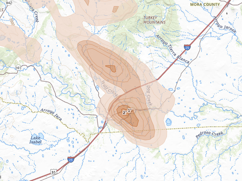Radar-estimated hail-size map of the storm over Watrous, NM on Jun 24, 2026