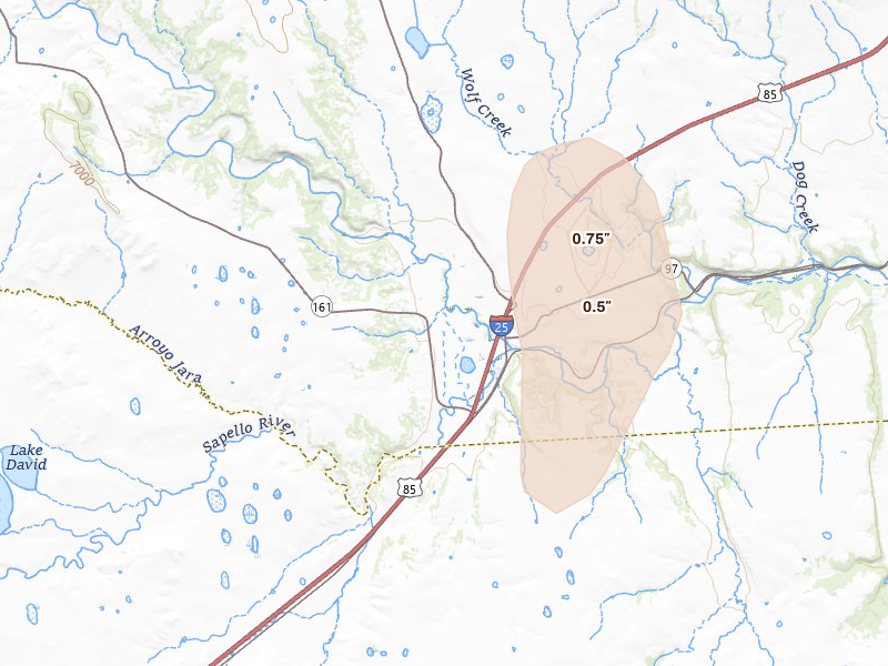 Radar-estimated hail-size map of the storm over Watrous, NM on Aug 27, 2026