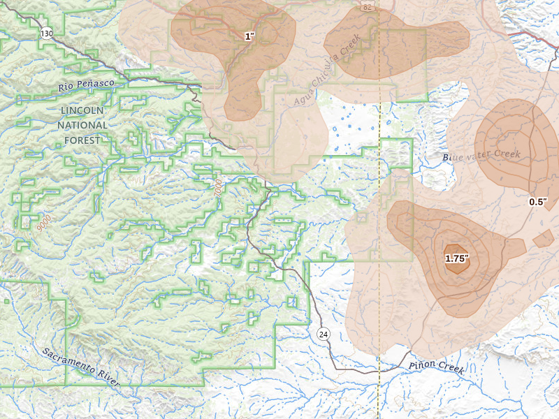Radar-estimated hail-size map of the storm over Weed, NM on Jun 2, 2026